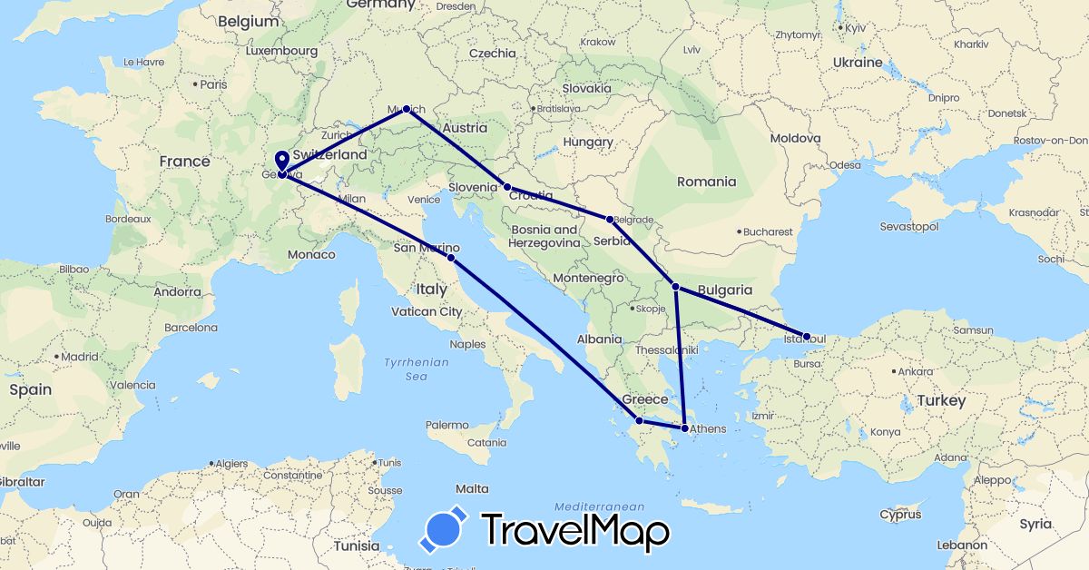 TravelMap itinerary: driving in Bulgaria, Switzerland, Germany, Greece, Croatia, Italy, Serbia, Turkey (Asia, Europe)